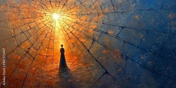 Fototapeta An abstract depiction of harm and healing with dark, jagged shapes breaking apart to reveal bright, glowing core patterns underneath