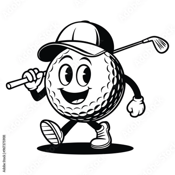 Fototapeta Golf ball cartoon character with hat and club illustration
