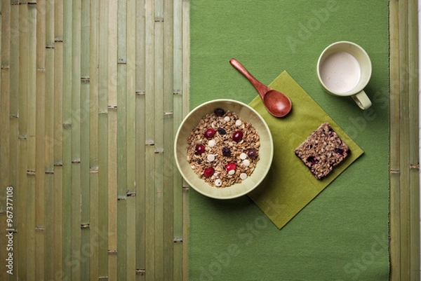 Obraz A simple and healthy breakfast arrangement featuring a bowl of granola with dried fruits and white chocolate chips, a granola bar, and a cup of milk on a green placemat with a wooden spoon.