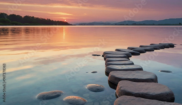 Fototapeta A line of smooth stepping stones leads across a calm lake at sunset, reflecting pink and orange hues in the sky, creating a tranquil and dreamy scene.