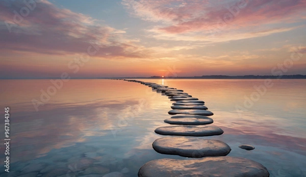 Fototapeta A line of smooth stepping stones leads across a calm lake at sunset, reflecting pink and orange hues in the sky, creating a tranquil and dreamy scene.