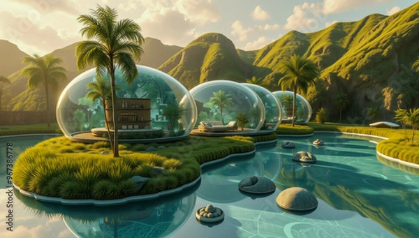 Fototapeta An innovative eco-tourism site with transparent eco-lodges and holographic nature experiences promoting sustainable travel