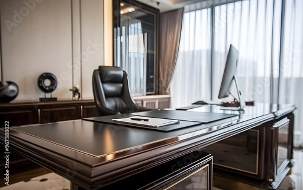 Fototapeta A photo of a luxurious modern executive office desk with a shiny finish.