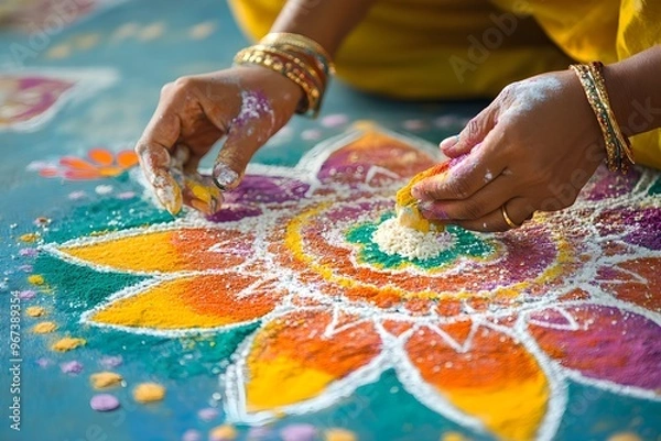 Fototapeta A woman is making a flower design on a blue and yellow surface