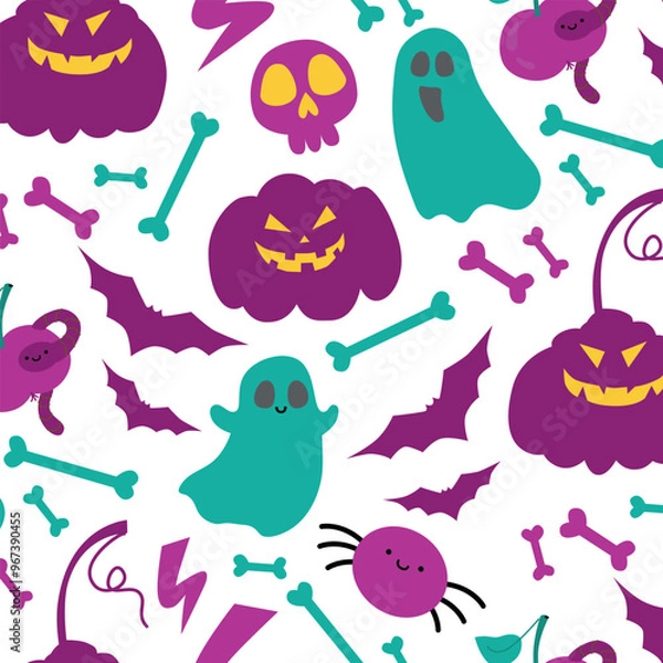 Fototapeta Halloween cozy seamless pattern with ghost, potion, apple, bats, lightning, pumpkins, bones.