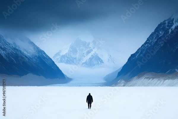 Fototapeta In a breathtaking winter landscape, a solitary skier traverses the endless expanse of snow, surrounded by towering mountains and a moody sky, capturing the essence of adventure and serenity.