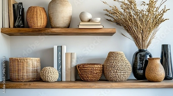 Fototapeta beautifully arranged wooden shelf in a modern interior, featuring a mix of decorative items like woven baskets, stylish vases, and art books, highlighting the balance between functionality and style