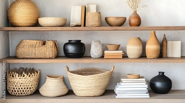 Fototapeta beautifully arranged wooden shelf in a modern interior, featuring a mix of decorative items like woven baskets, stylish vases, and art books, highlighting the balance between functionality and style