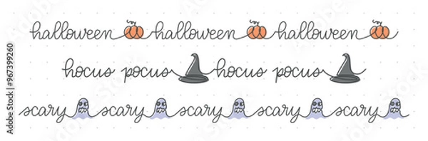 Fototapeta Halloween themed seamless borders collection, simple one line style, editable line thickness. Vector illustration