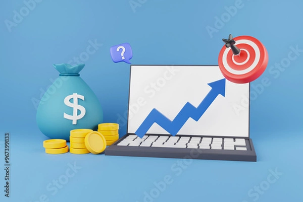 Fototapeta 3D illustration Digital marketing Red target with arrow in the center floating on laptop and money bag with stack of coins on the side Online business Online advertising 3D rendering