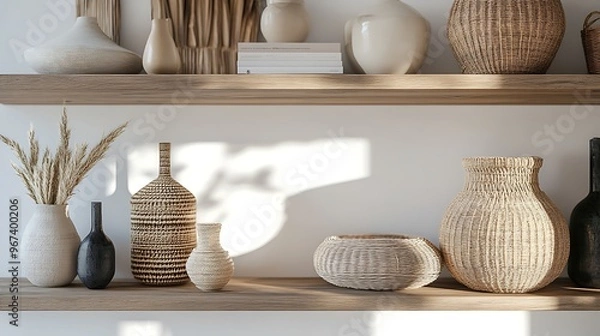 Fototapeta beautifully arranged wooden shelf in a modern interior, featuring a mix of decorative items like woven baskets, stylish vases, and art books, highlighting the balance between functionality and style