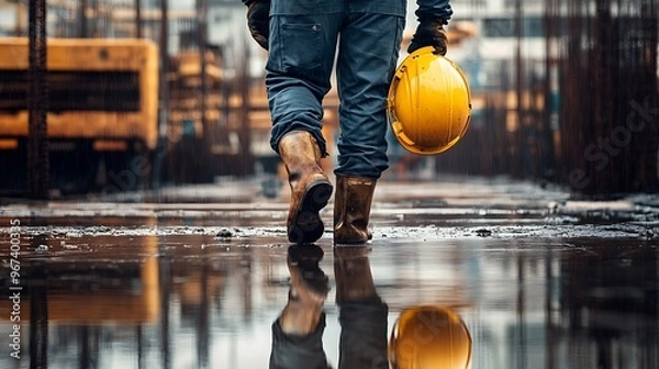 Fototapeta An worker stepping down from his work place, the ground slick with rain, reflecting the construction and the worker’s boots, holding his helmet under one arm as he walks away