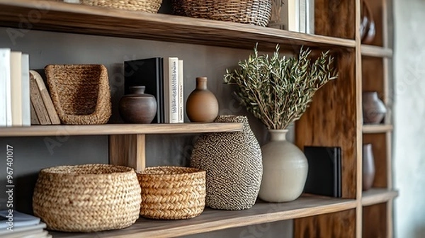 Fototapeta beautifully arranged wooden shelf in a modern interior, featuring a mix of decorative items like woven baskets, stylish vases, and art books, highlighting the balance between functionality and style