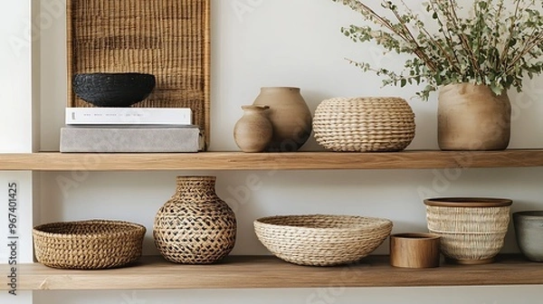 Fototapeta beautifully arranged wooden shelf in a modern interior, featuring a mix of decorative items like woven baskets, stylish vases, and art books, highlighting the balance between functionality and style