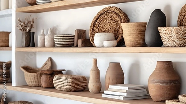 Fototapeta beautifully arranged wooden shelf in a modern interior, featuring a mix of decorative items like woven baskets, stylish vases, and art books, highlighting the balance between functionality and style