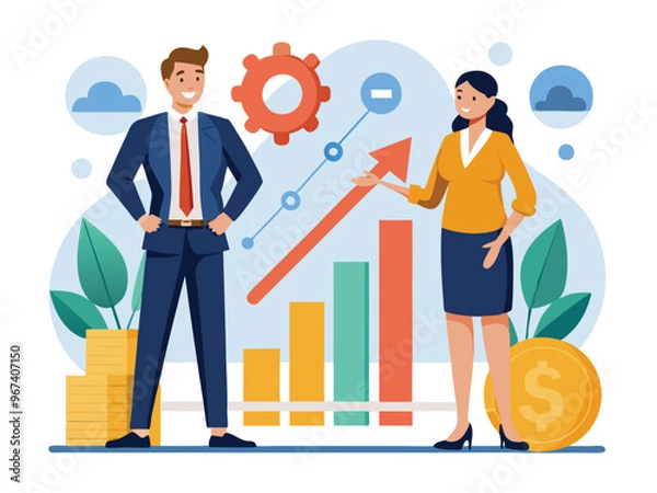 Fototapeta Businessman and Woman standing and draw line diagram illustration. Business growth with bar chart