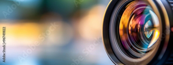 Obraz Close-up of a camera lens with a blurred colorful background, highlighting the precision and beauty of modern photography equipment