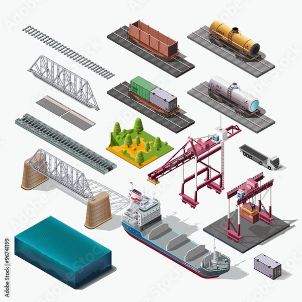 Fototapeta Vector icons set.Structure Isolated industrial themes. Boat, car, truck, train, bridge, container.