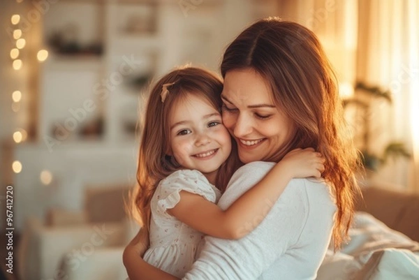 Obraz High-resolution brightly lit photorealistic candid photograph of a loving mother embracing her daughter in a beautifully lit living room. The photograph has a light, bright, and cheerful ambiance,