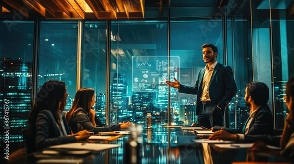 Fototapeta A businessman presenting ideas for team in a modern meeting room, surrounded by glass walls, cityscape visible, focused on AI-driven business strategies and professional growth.