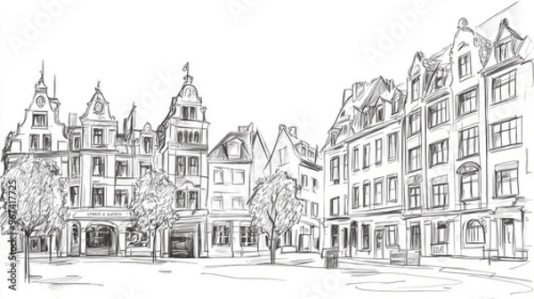 Fototapeta Urban sketch in black on a white background depicting historical buildings Freehand drawing designed as a travel postcard Hand drawn line art illustration
