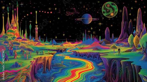 Obraz A river of rainbow colors meanders through the landscape, with a black sky and stars above. 