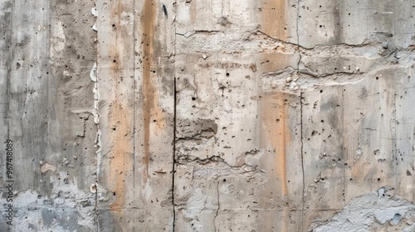 Fototapeta Close up view of rough concrete wall with remnants of wood formwork