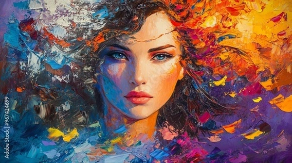 Fototapeta A colorful oil painting portrays a stunning woman. The artist used a palette knife to create abstract strokes, adding depth and texture to the artwork.