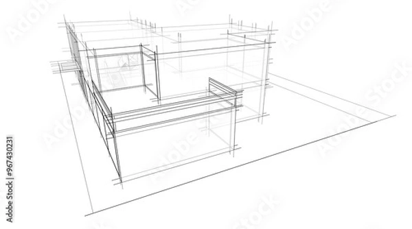 Fototapeta Architectural sketch of modern building 3d rendering