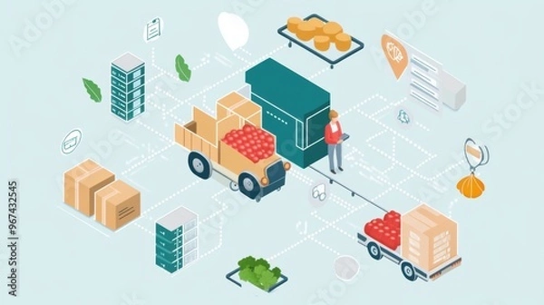 Fototapeta A graphic showing food traceability from farm to table with a focus on tracking systems and product labeling