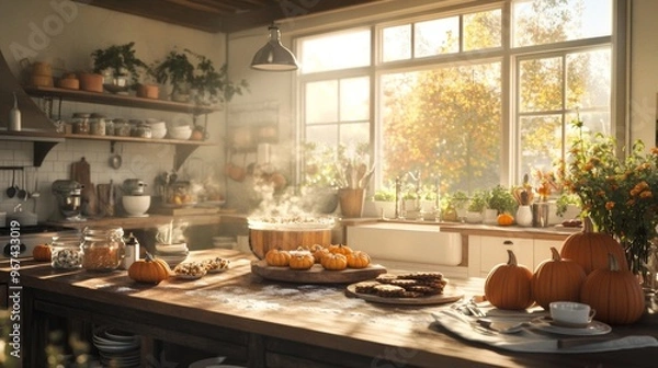 Fototapeta A rustic kitchen with a family gathered around making pumpkin-themed cookies
