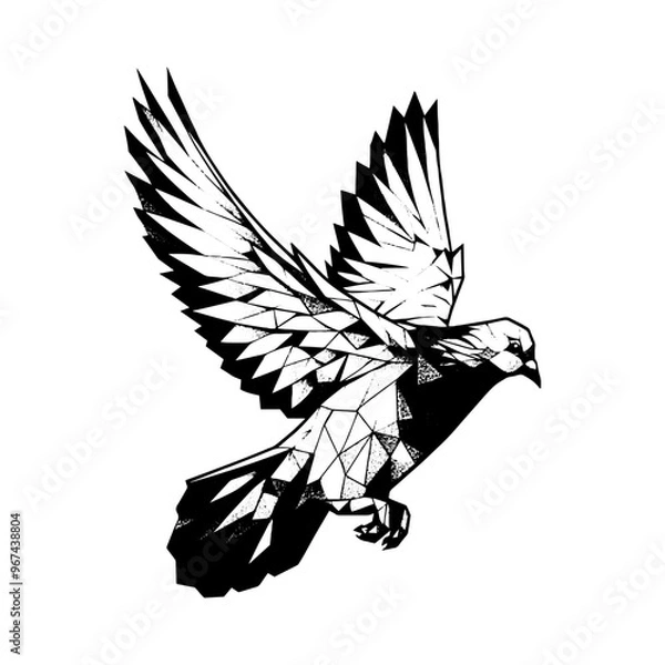 Fototapeta Low Poly Flying Bird Black Ink Drawing with Spread Wings Vector. Engraved Dove with Feathers on White Background