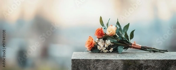 Fototapeta Gravestone with wilted flowers under a gray sky, mourning, quiet reflection in a cemetery