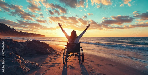 Fototapeta a woman in a wheelchair, with her arms raised, stands on a beach path at sunset. This image symbolizes joy and freedom after overcoming a disability