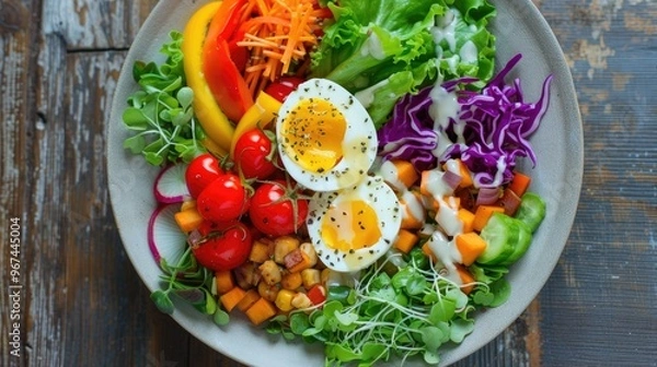 Fototapeta Colorful salad on white plate on wooden table with variety of vegetables egg seasoned with salt oil vinegar and spices
