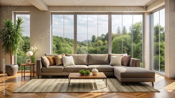 Fototapeta Living room with a large couch and a large window , cozy, home, interior, design, comfortable, stylish, modern