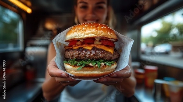 Fototapeta Delicious Burger Exchange at a Food Truck: A Close-up of Hands Passing a Tasty Meal to a Woman, Capturing the Joy of Street Food and Unsplash Aesthetics