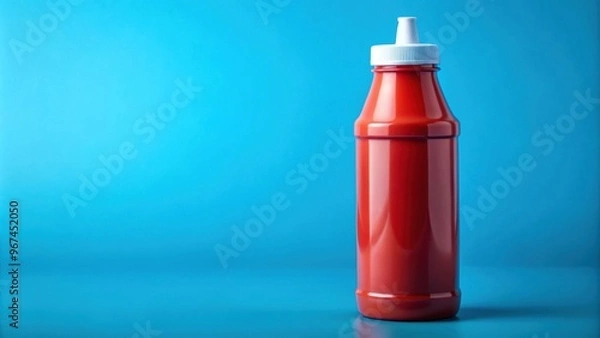 Fototapeta Ketchup plastic bottle on blue background, condiment, isolated, plastic, red, squeeze bottle, tomato, sauce, kitchen