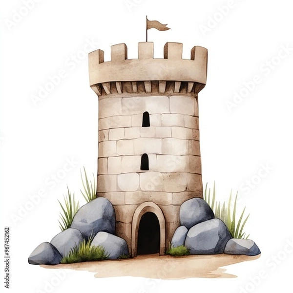 Fototapeta A whimsical stone tower with a flag, surrounded by rocks and grass, perfect for fairytale illustrations and children's designs.