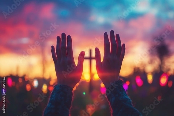 Fototapeta Silhouette of Hands Raised in Worship with Blurred Cross and Sunset, Colorful Easter Concept