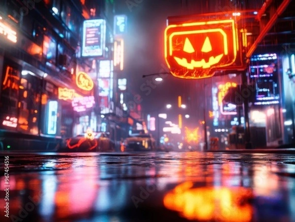 Obraz Ghostly Hackers: Halloween Cyberpunk City of Haunted Neon Lights in Eerie Dystopian Setting - Ultra-Realistic Futuristic Spooky Scene