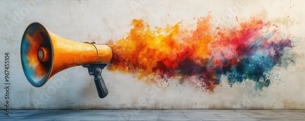 Fototapeta A vibrant megaphone emits a colorful explosion of paint and energy against a textured wall, symbolizing communication and creativity.