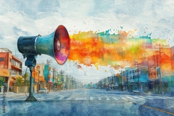 Fototapeta A vibrant street scene with a megaphone, releasing colorful sound waves in a captivating watercolor style.