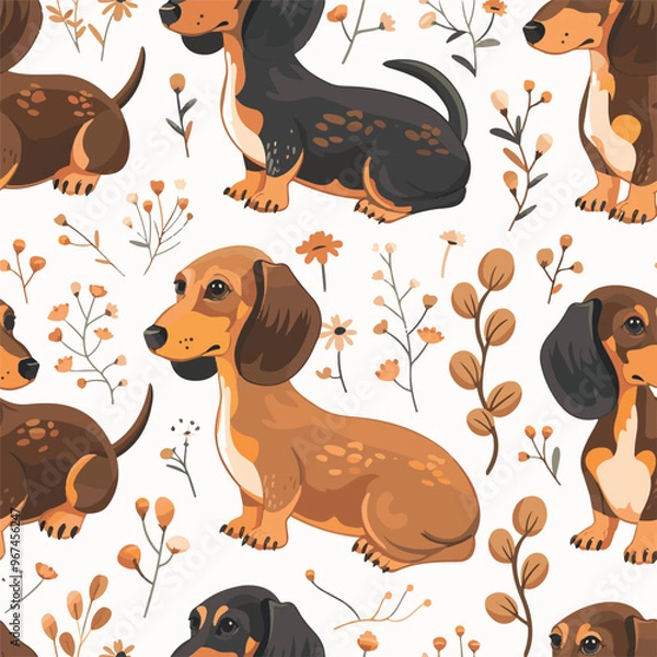 Fototapeta Vector seamless pattern with cute dogs, flowers on a light background. Cute dogs in different poses. Dog pattern, home print is perfect for children's textiles.
