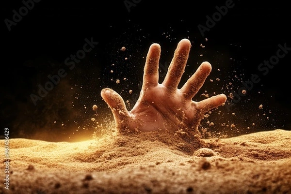 Fototapeta A dramatic scene of a hand emerging from sand, symbolizing struggle and survival against overwhelming odds.