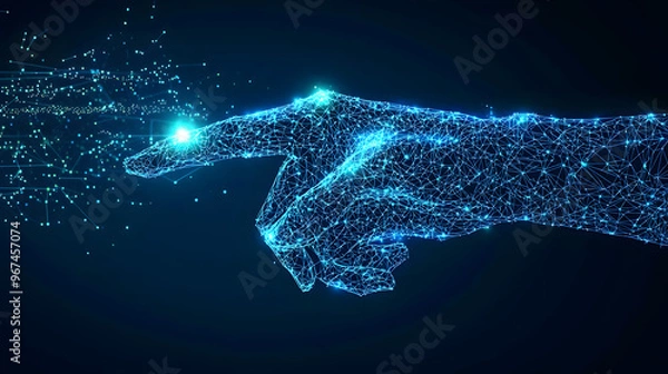 Fototapeta A digital wireframe human hand reaches out to touch a glowing dot, symbolizing futuristic technology, innovation, and human-machine interaction