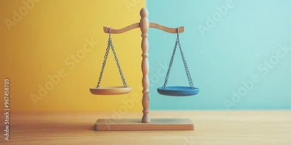 Obraz A wooden balance scale on a colorful background, symbolizing justice, fairness, and equality in various contexts.