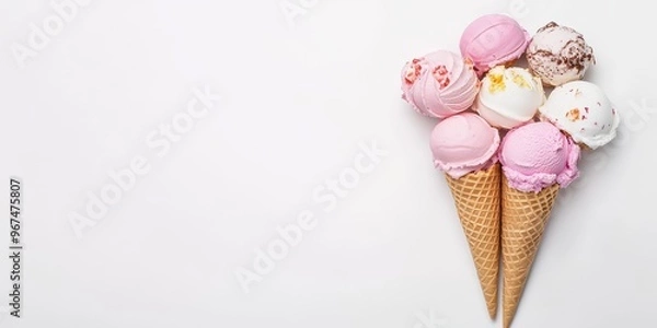 Fototapeta A delightful arrangement of colorful ice cream scoops in waffle cones, perfect for showcasing summer treats and desserts.