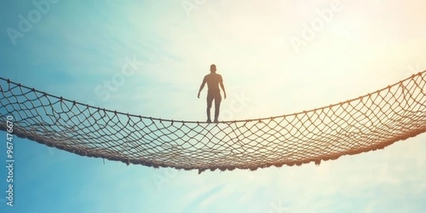 Obraz A person standing confidently on a suspended net high above, basking in the warm glow of a serene sky.