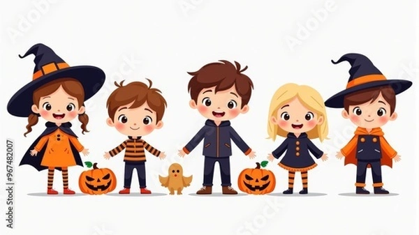 Fototapeta Cute Kids in Halloween Costumes with Pumpkins and Ghosts Illustration - Perfect for Halloween Party Invitations and Decorations